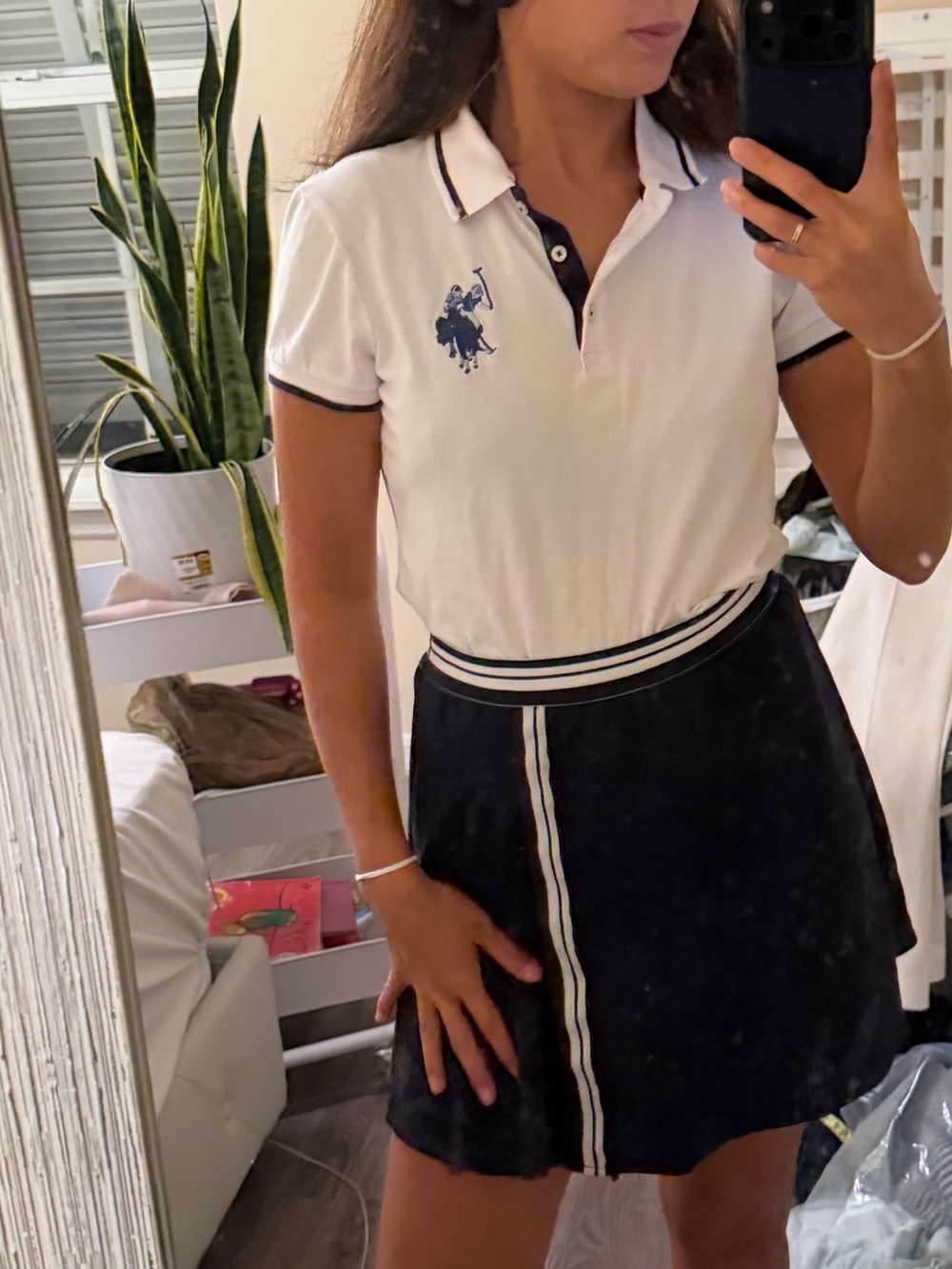 2 for 1 price ! U.S. Polo Assn. White Polo Top & Black Skirt Set with Navy Trim